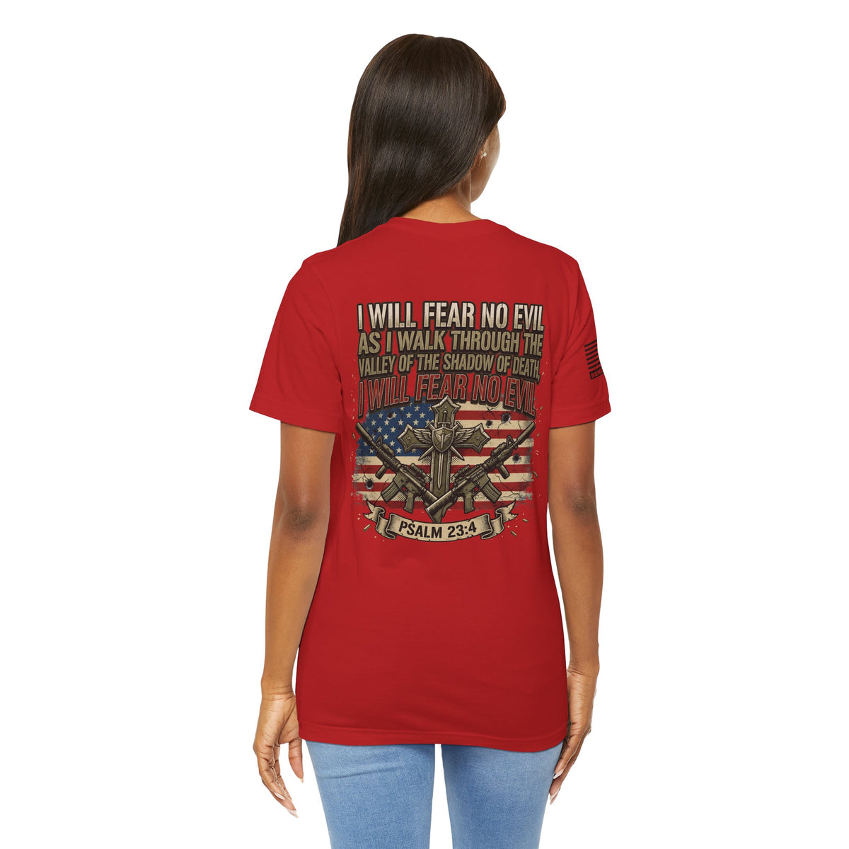 Psalm 23 Patriotic T-Shirt – “I Will Fear No Evil” Flag & Cross Design