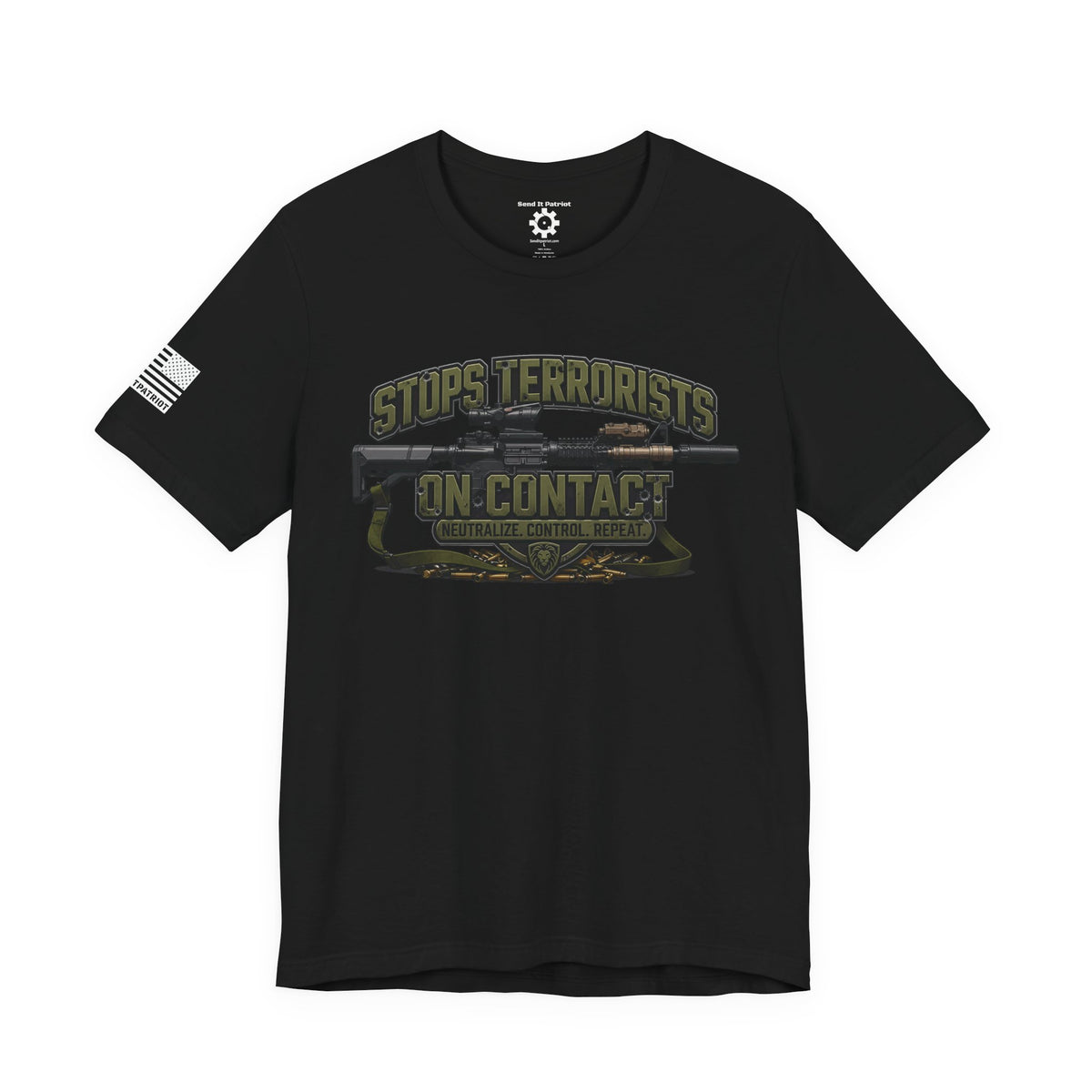 Stops Terrorists on Contact T-Shirt —  Patriotic Tee