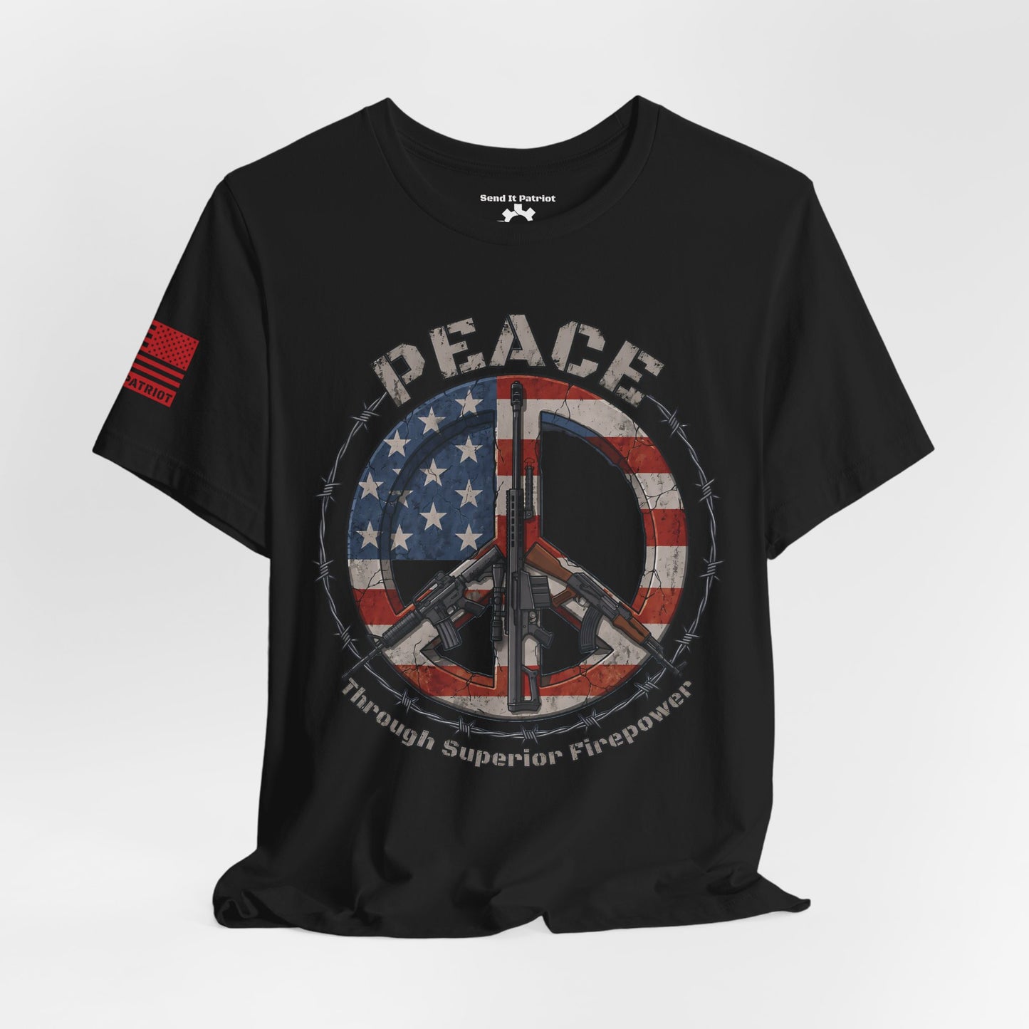 Peace Through Superior Firepower T-Shirt — American Flag Rifle Peace Sign Tee