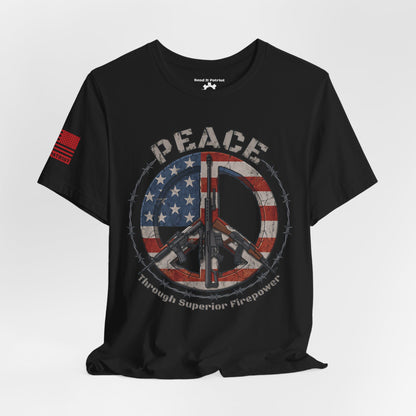 Peace Through Superior Firepower T-Shirt — American Flag Rifle Peace Sign Tee