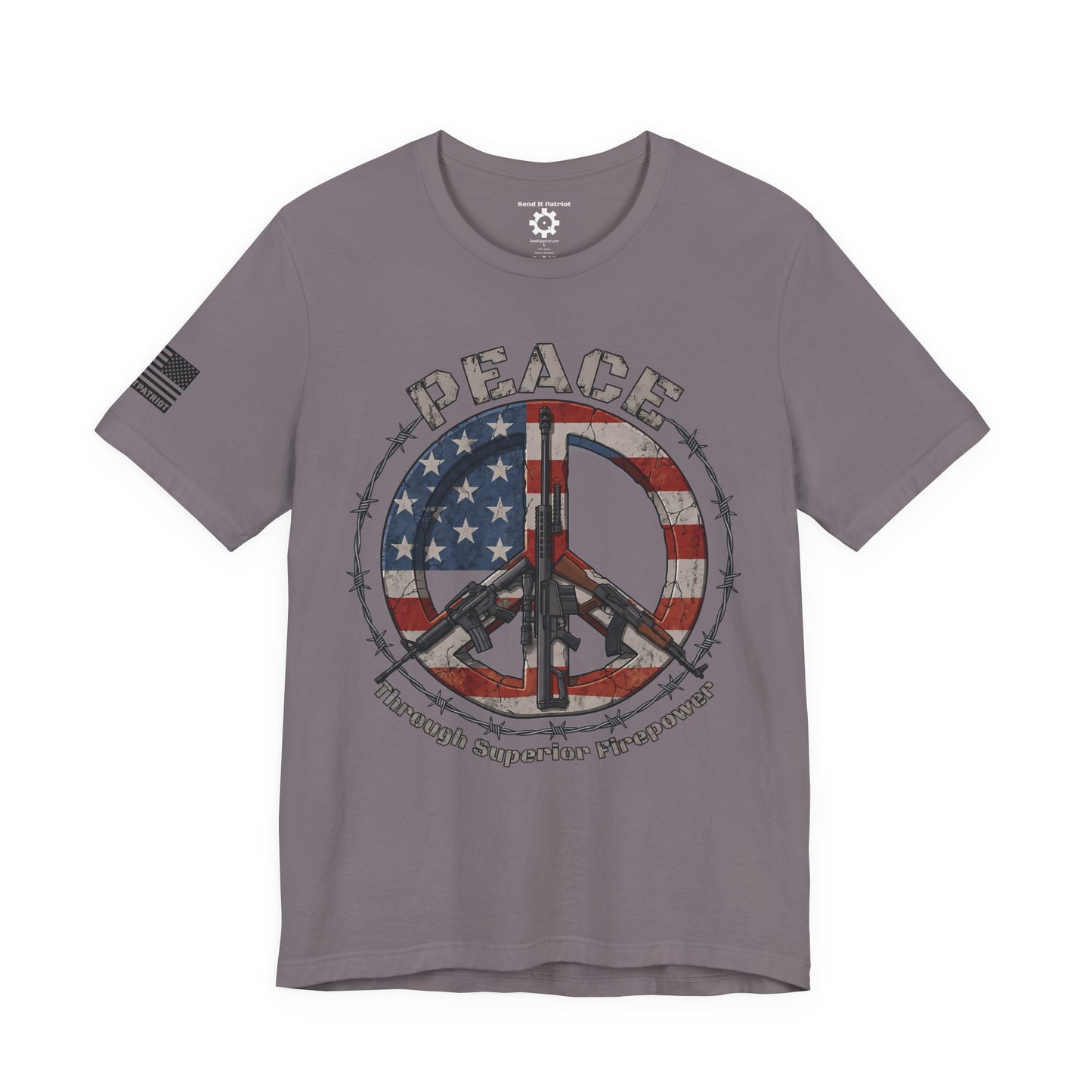 Peace Through Superior Firepower T-Shirt — American Flag Rifle Peace Sign Tee