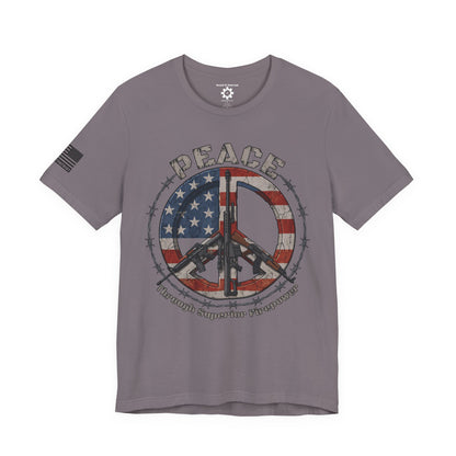 Peace Through Superior Firepower T-Shirt — American Flag Rifle Peace Sign Tee