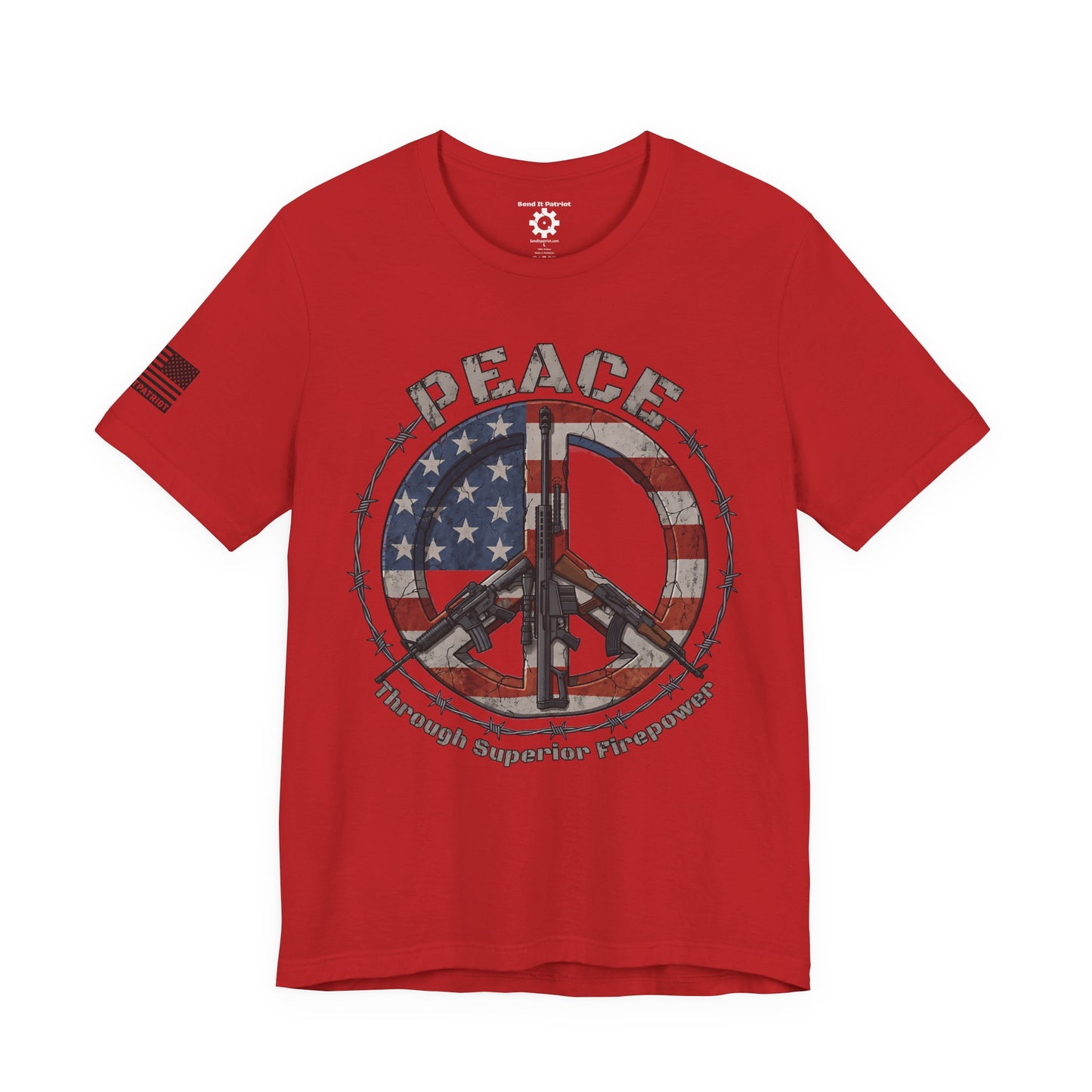 Peace Through Superior Firepower T-Shirt — American Flag Rifle Peace Sign Tee
