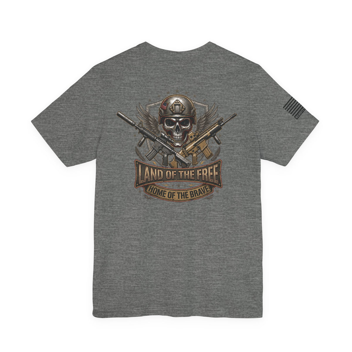 Land of the Free Home of the Brave Ver.2 T-Shirt —  Skull & Crossed Rifles Patriotic Tee Back Design