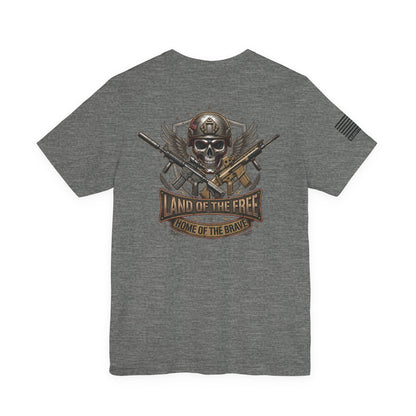 Land of the Free Home of the Brave Ver.2 T-Shirt —  Skull & Crossed Rifles Patriotic Tee Back Design