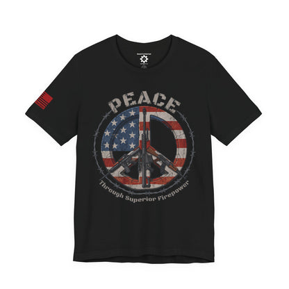 Peace Through Superior Firepower T-Shirt — American Flag Rifle Peace Sign Tee