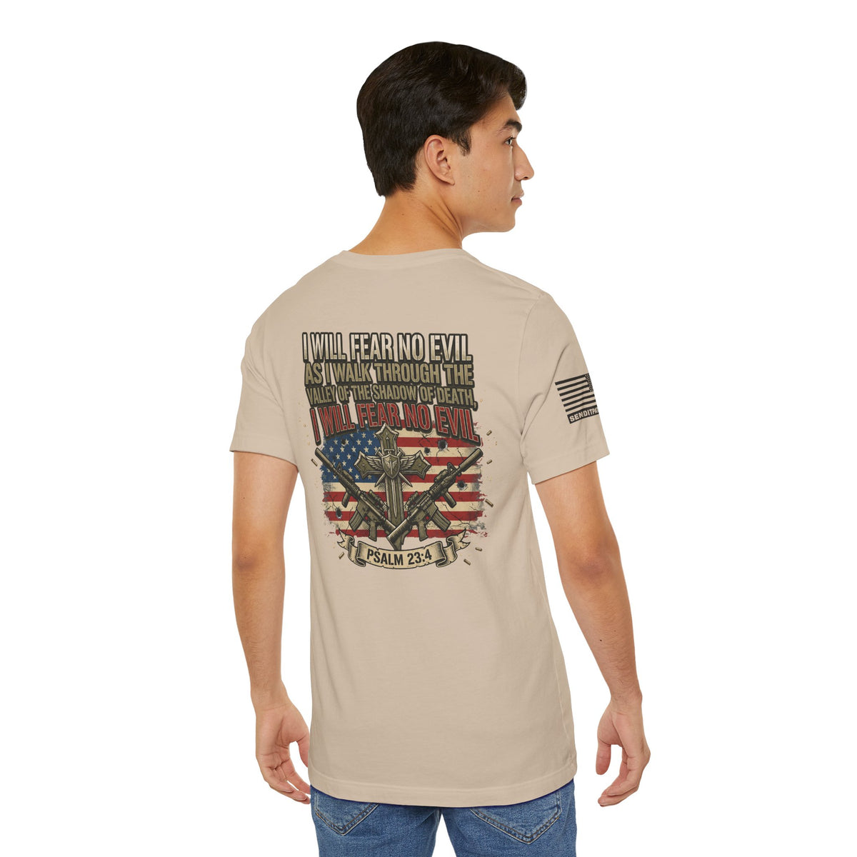Psalm 23 Patriotic T-Shirt – “I Will Fear No Evil” Flag & Cross Design