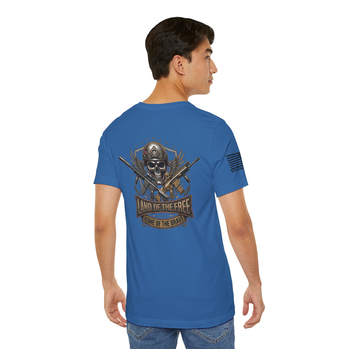 Land of the Free Home of the Brave Ver.2 T-Shirt —  Skull & Crossed Rifles Patriotic Tee Back Design