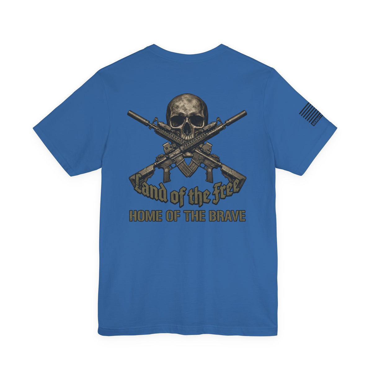 Land of the Free Home of the Brave T-Shirt —  Skull & Crossed Rifles Patriotic Tee Back Design
