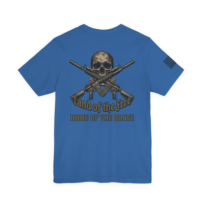 Land of the Free Home of the Brave T-Shirt —  Skull & Crossed Rifles Patriotic Tee Back Design