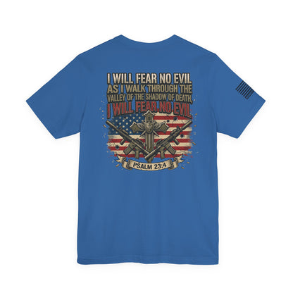 Psalm 23 Patriotic T-Shirt – “I Will Fear No Evil” Flag & Cross Design