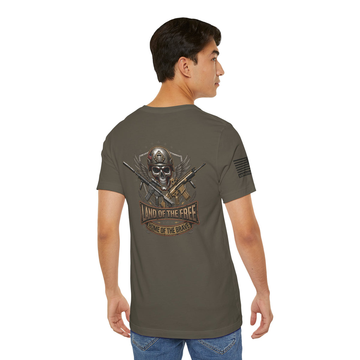 Land of the Free Home of the Brave Ver.2 T-Shirt —  Skull & Crossed Rifles Patriotic Tee Back Design