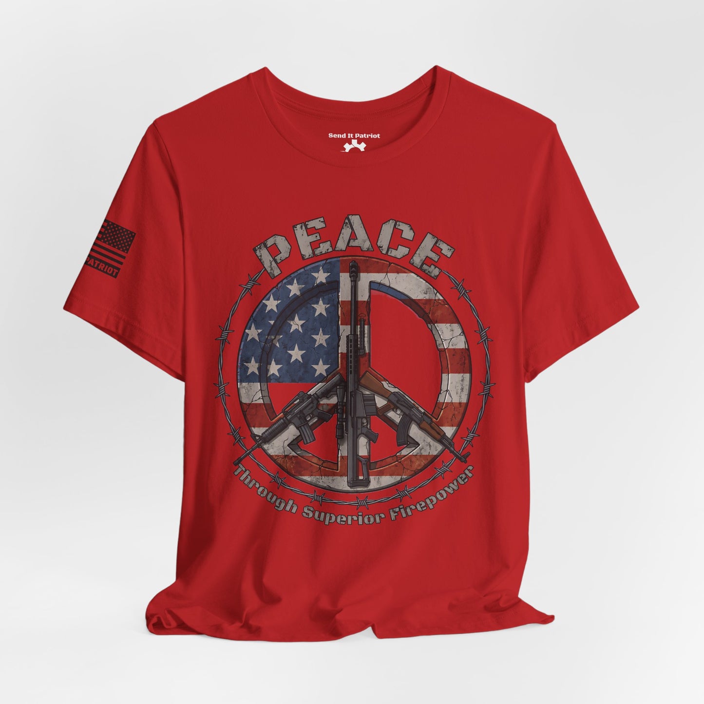 Peace Through Superior Firepower T-Shirt — American Flag Rifle Peace Sign Tee