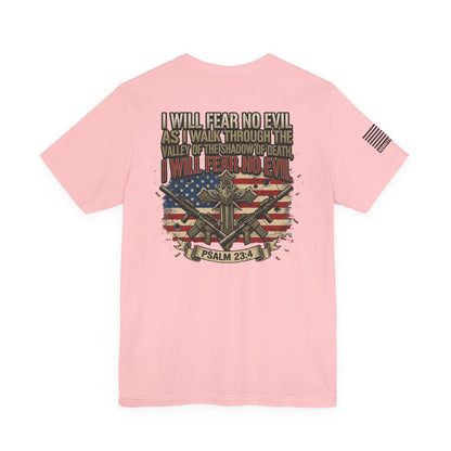 Psalm 23 Patriotic T-Shirt – “I Will Fear No Evil” Flag & Cross Design
