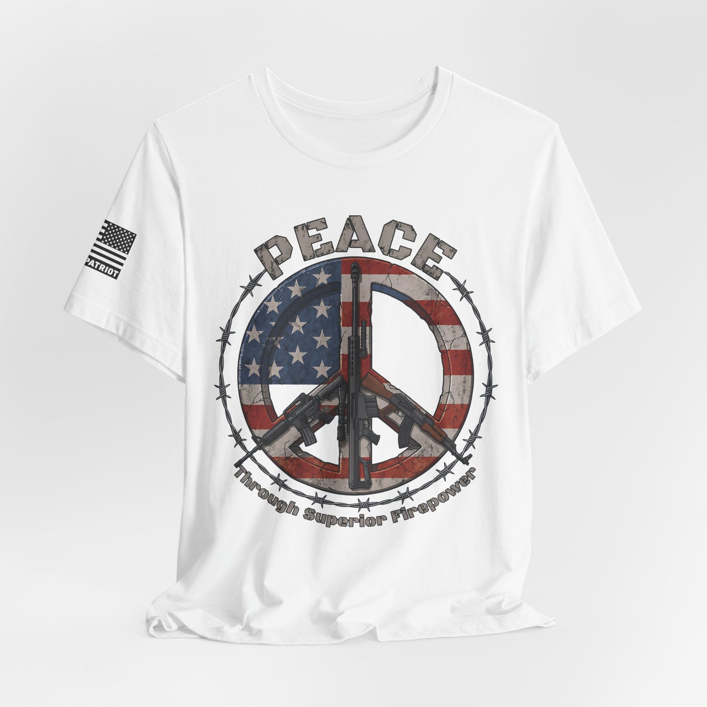 Peace Through Superior Firepower T-Shirt — American Flag Rifle Peace Sign Tee