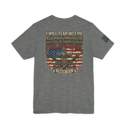Psalm 23 Patriotic T-Shirt – “I Will Fear No Evil” Flag & Cross Design