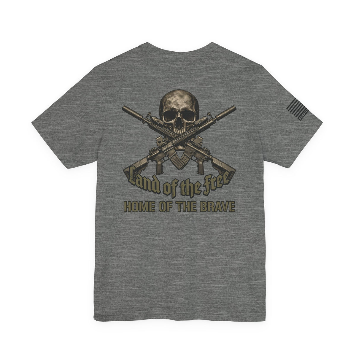 Land of the Free Home of the Brave T-Shirt —  Skull & Crossed Rifles Patriotic Tee Back Design