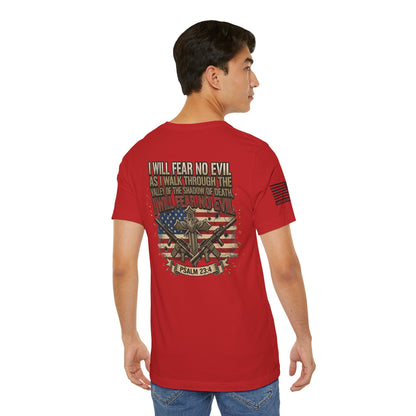Psalm 23 Patriotic T-Shirt – “I Will Fear No Evil” Flag & Cross Design