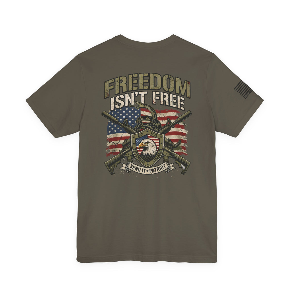Freedom Isn't Free T-Shirt — American Flag Eagle & Crossed Rifles Patriotic Tee