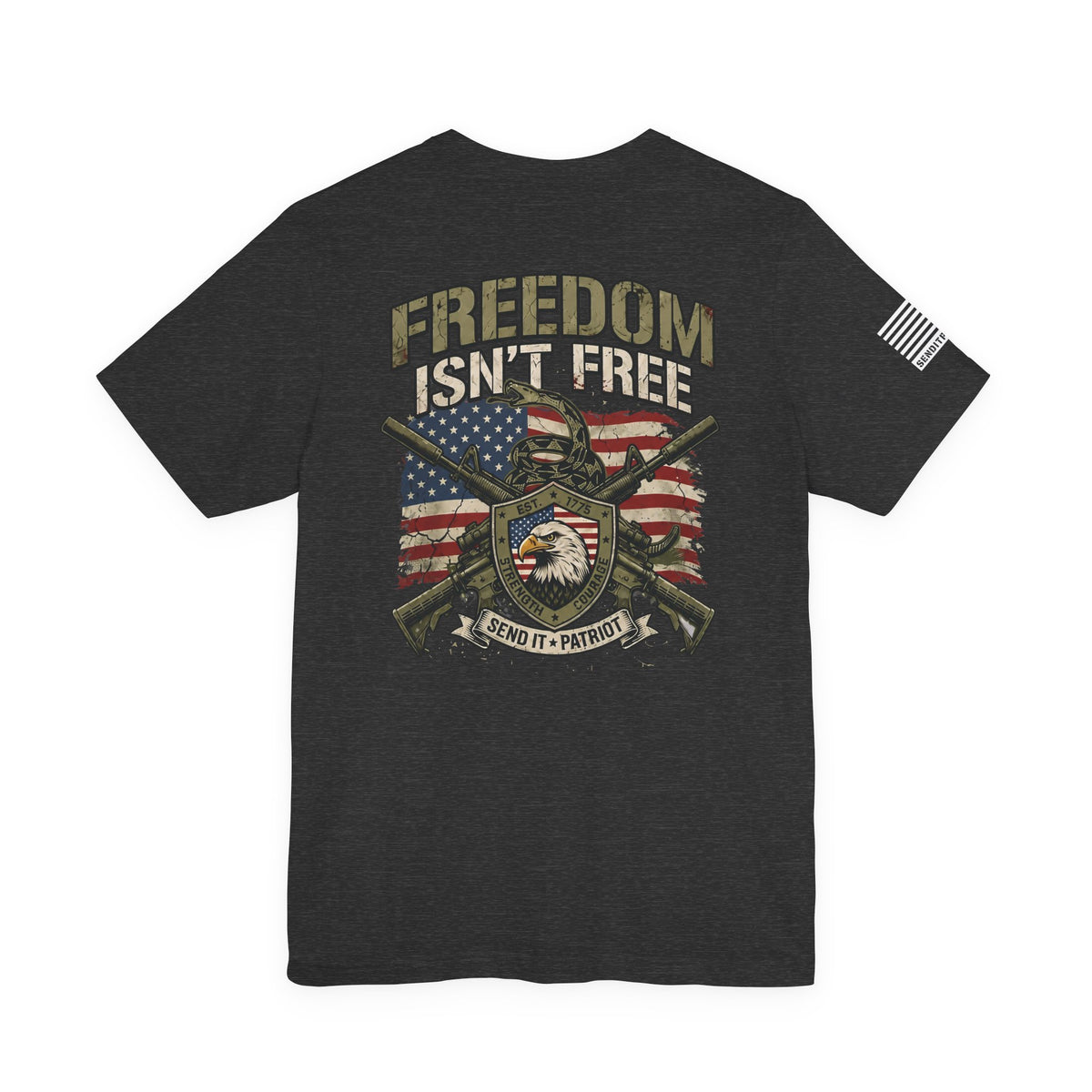 Freedom Isn't Free T-Shirt — American Flag Eagle & Crossed Rifles Patriotic Tee