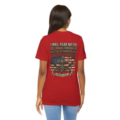 Psalm 23 Patriotic T-Shirt – “I Will Fear No Evil” Flag & Cross Design