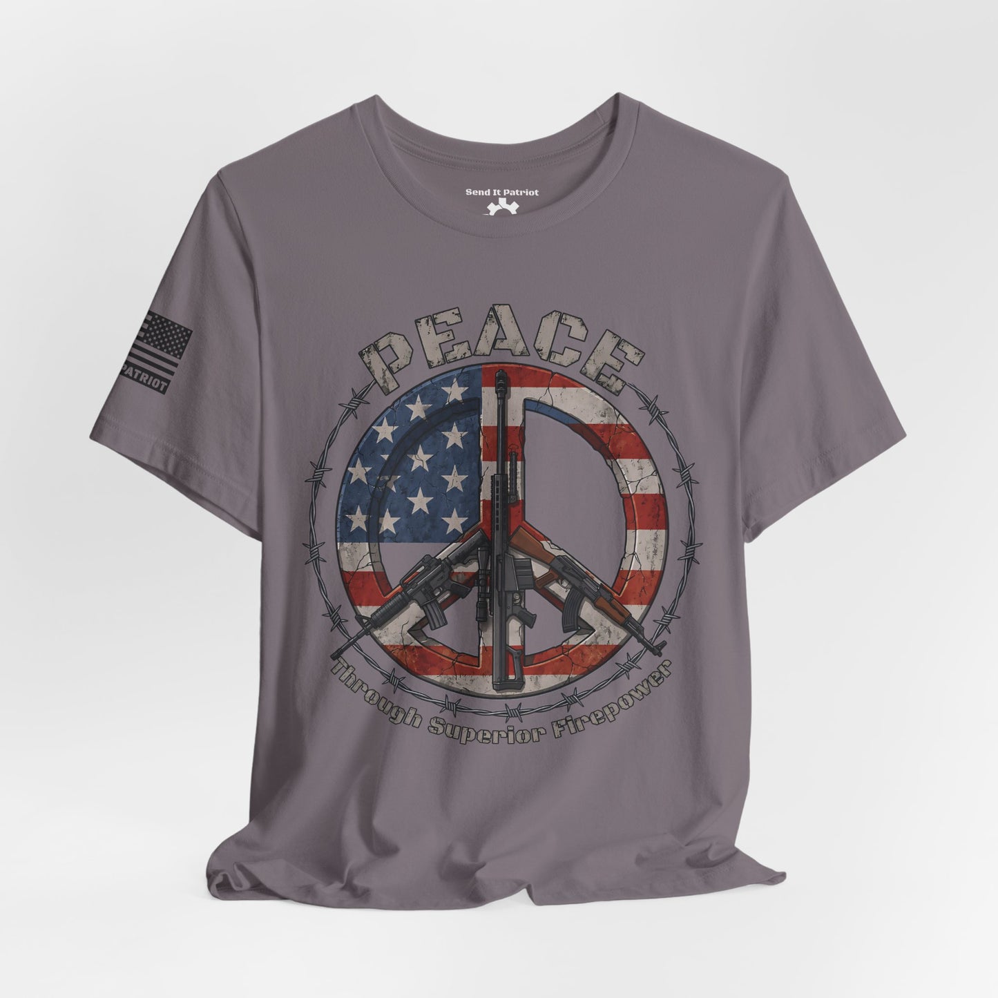 Peace Through Superior Firepower T-Shirt — American Flag Rifle Peace Sign Tee