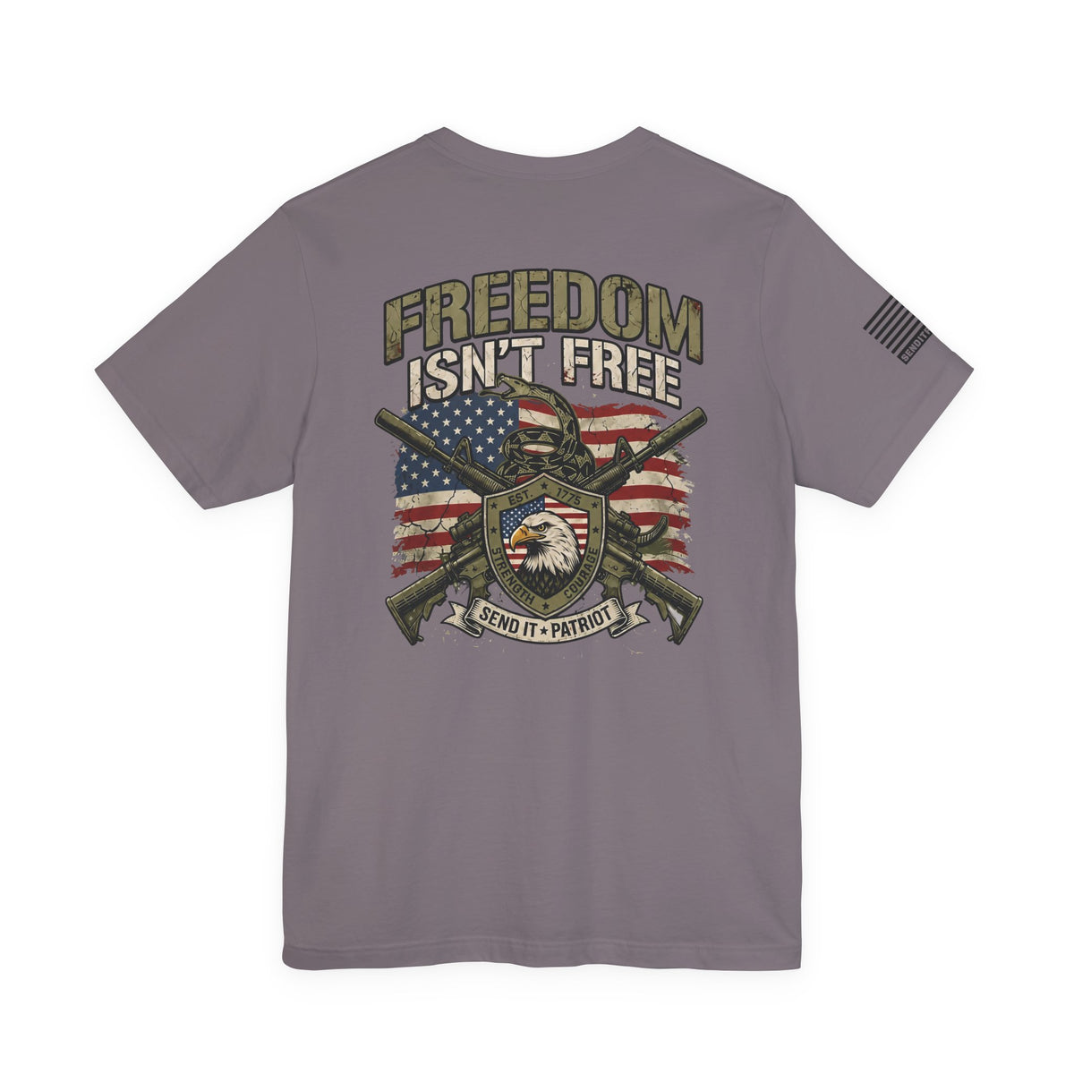 Freedom Isn't Free T-Shirt — American Flag Eagle & Crossed Rifles Patriotic Tee