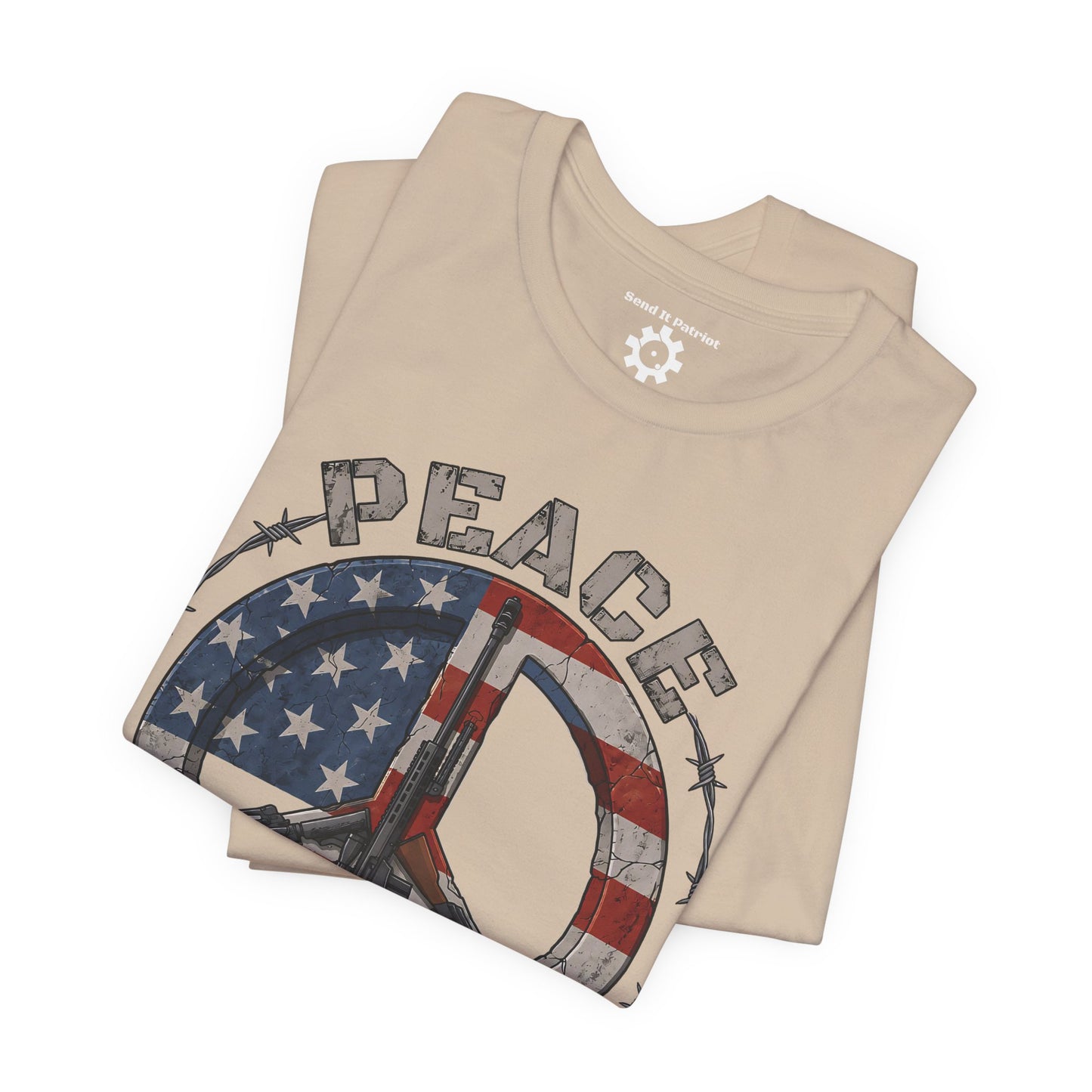 Peace Through Superior Firepower T-Shirt — American Flag Rifle Peace Sign Tee