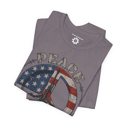 Peace Through Superior Firepower T-Shirt — American Flag Rifle Peace Sign Tee