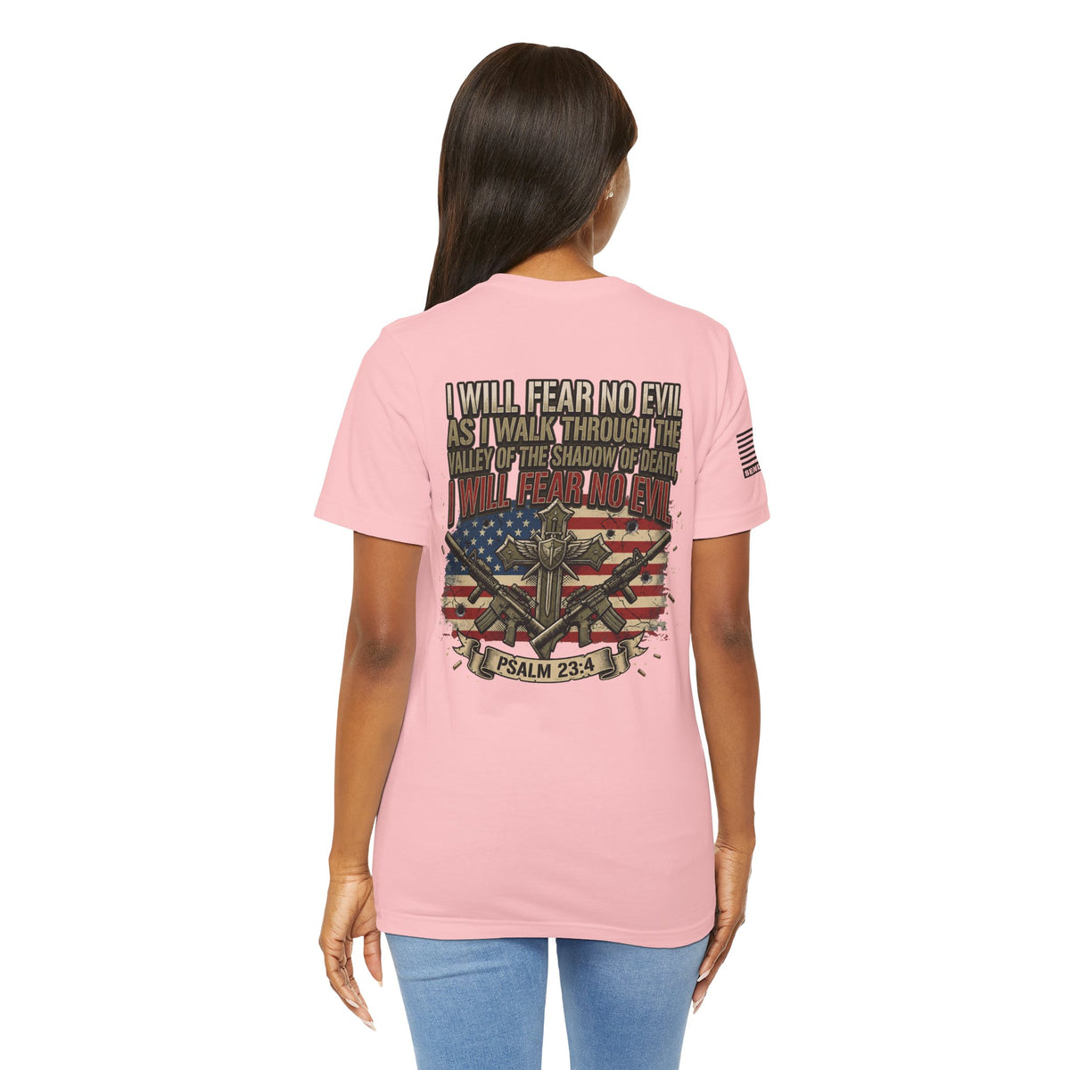 Psalm 23 Patriotic T-Shirt – “I Will Fear No Evil” Flag & Cross Design