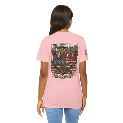 Psalm 23 Patriotic T-Shirt – “I Will Fear No Evil” Flag & Cross Design