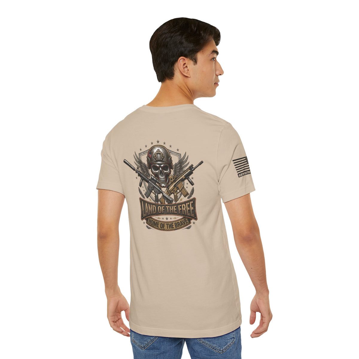 Land of the Free Home of the Brave Ver.2 T-Shirt —  Skull & Crossed Rifles Patriotic Tee Back Design