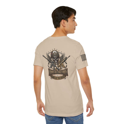 Land of the Free Home of the Brave Ver.2 T-Shirt —  Skull & Crossed Rifles Patriotic Tee Back Design