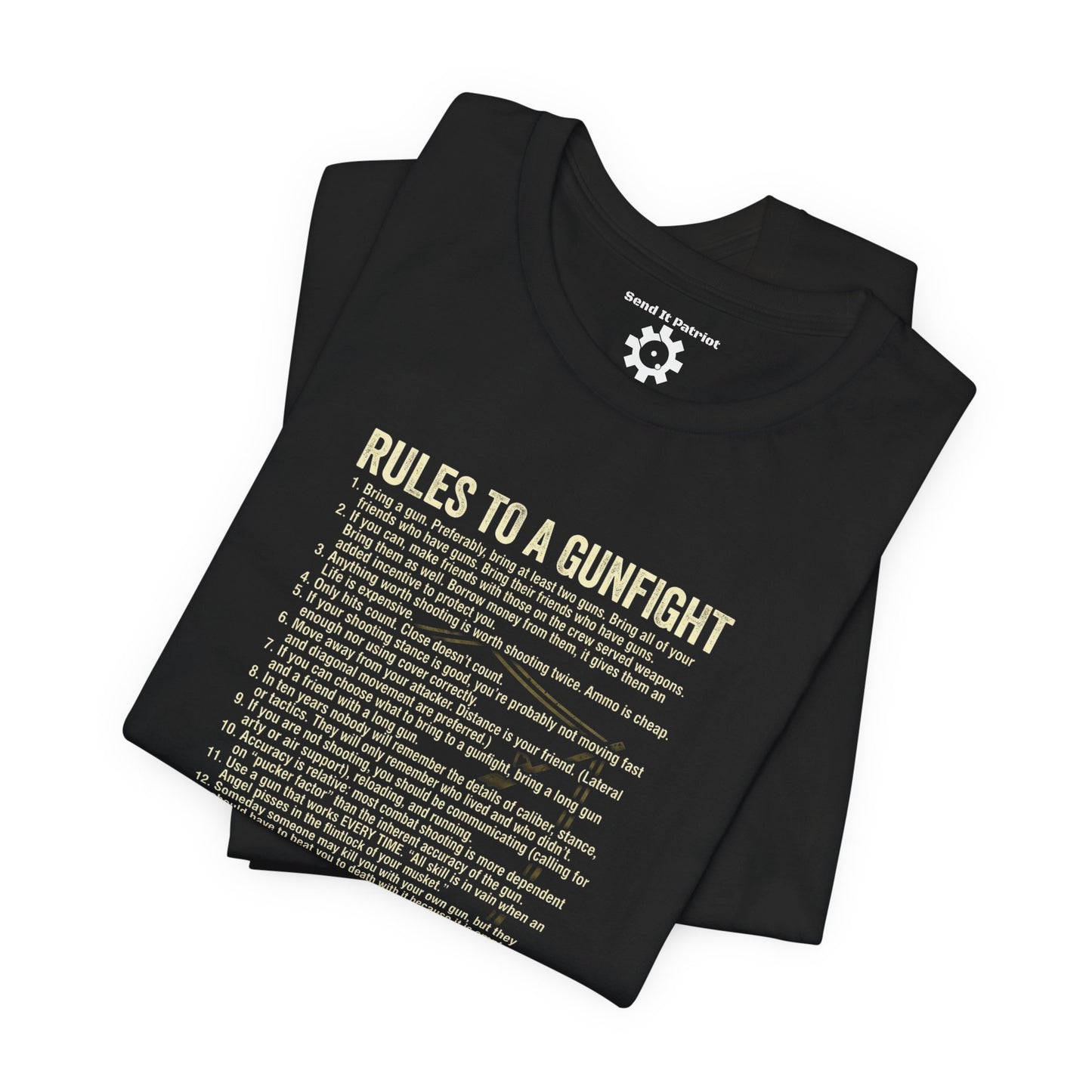 Gunfight Rules T-Shirt — "Rules to a Gunfight" Text List Tee