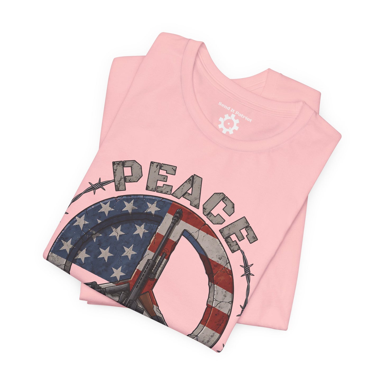 Peace Through Superior Firepower T-Shirt — American Flag Rifle Peace Sign Tee