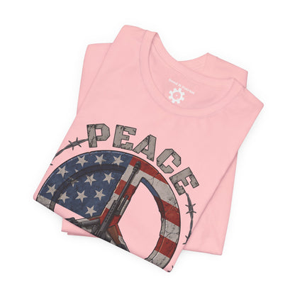 Peace Through Superior Firepower T-Shirt — American Flag Rifle Peace Sign Tee