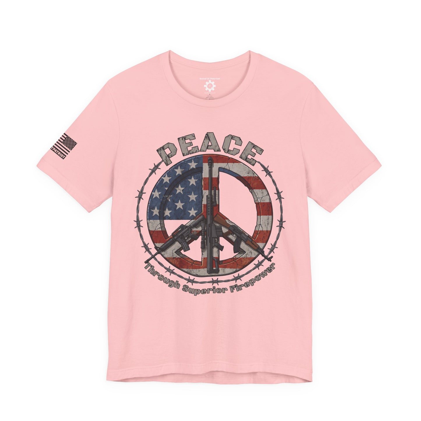 Peace Through Superior Firepower T-Shirt — American Flag Rifle Peace Sign Tee