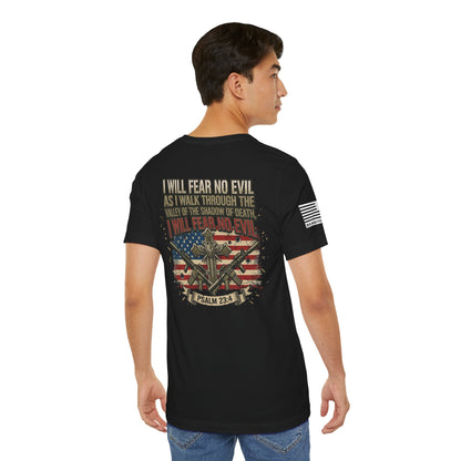 Psalm 23 Patriotic T-Shirt – “I Will Fear No Evil” Flag & Cross Design