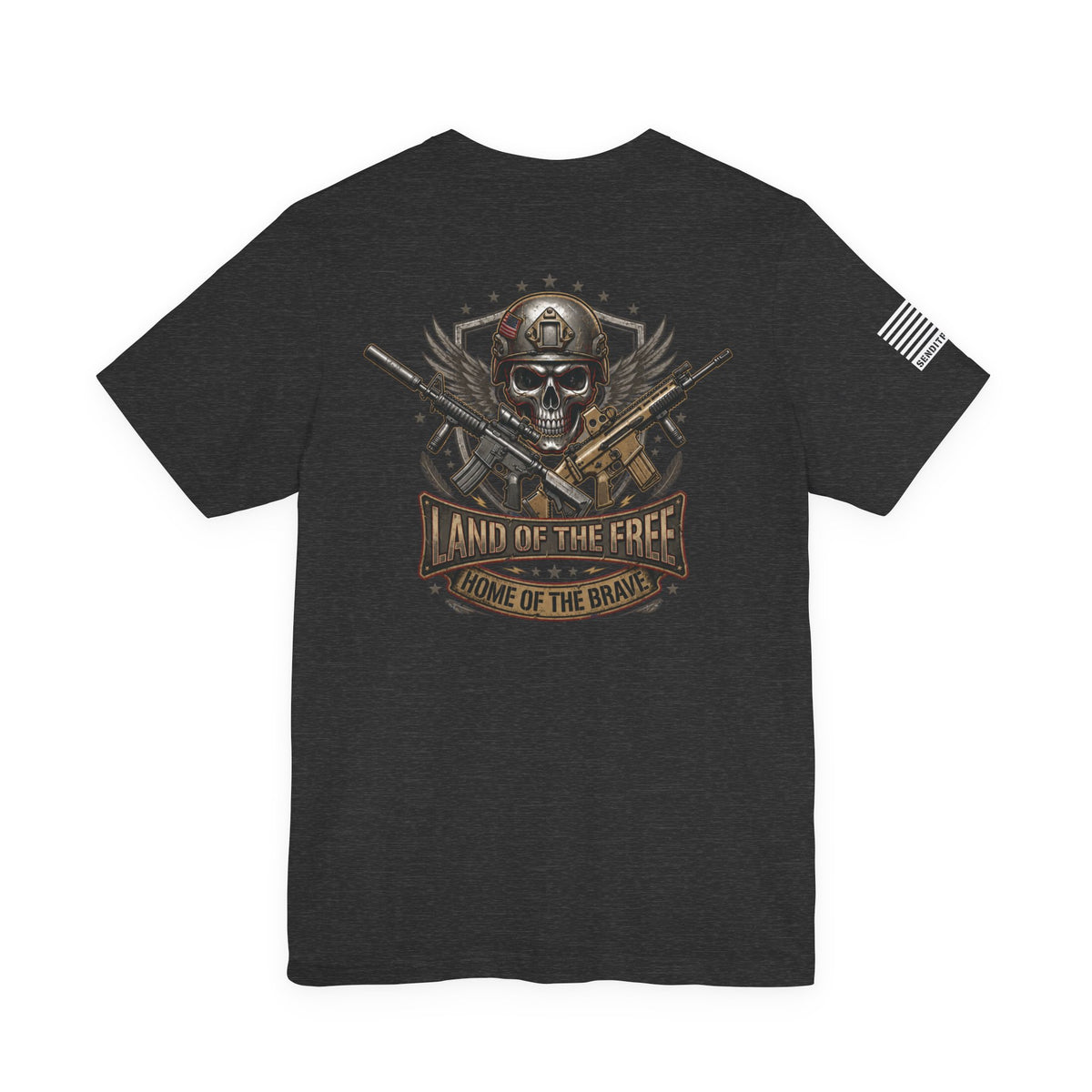 Land of the Free Home of the Brave Ver.2 T-Shirt —  Skull & Crossed Rifles Patriotic Tee Back Design