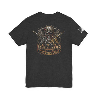 Land of the Free Home of the Brave Ver.2 T-Shirt —  Skull & Crossed Rifles Patriotic Tee Back Design