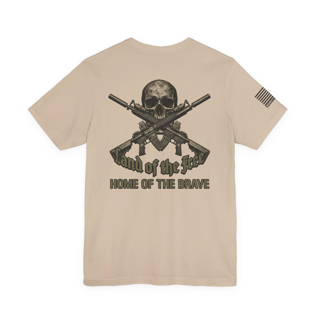 Land of the Free Home of the Brave T-Shirt —  Skull & Crossed Rifles Patriotic Tee Back Design