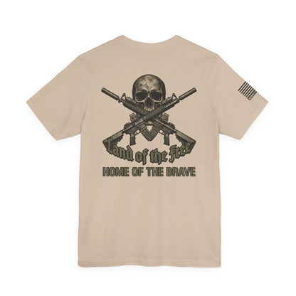 Land of the Free Home of the Brave T-Shirt —  Skull & Crossed Rifles Patriotic Tee Back Design