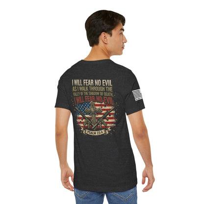 Psalm 23 Patriotic T-Shirt – “I Will Fear No Evil” Flag & Cross Design