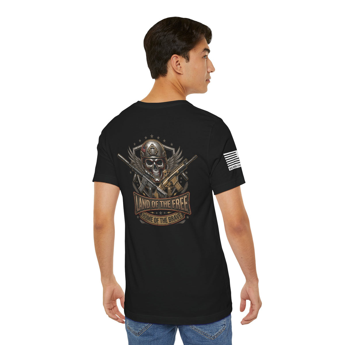 Land of the Free Home of the Brave Ver.2 T-Shirt —  Skull & Crossed Rifles Patriotic Tee Back Design