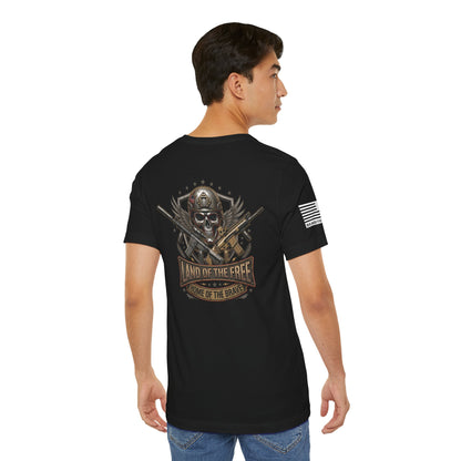 Land of the Free Home of the Brave Ver.2 T-Shirt —  Skull & Crossed Rifles Patriotic Tee Back Design