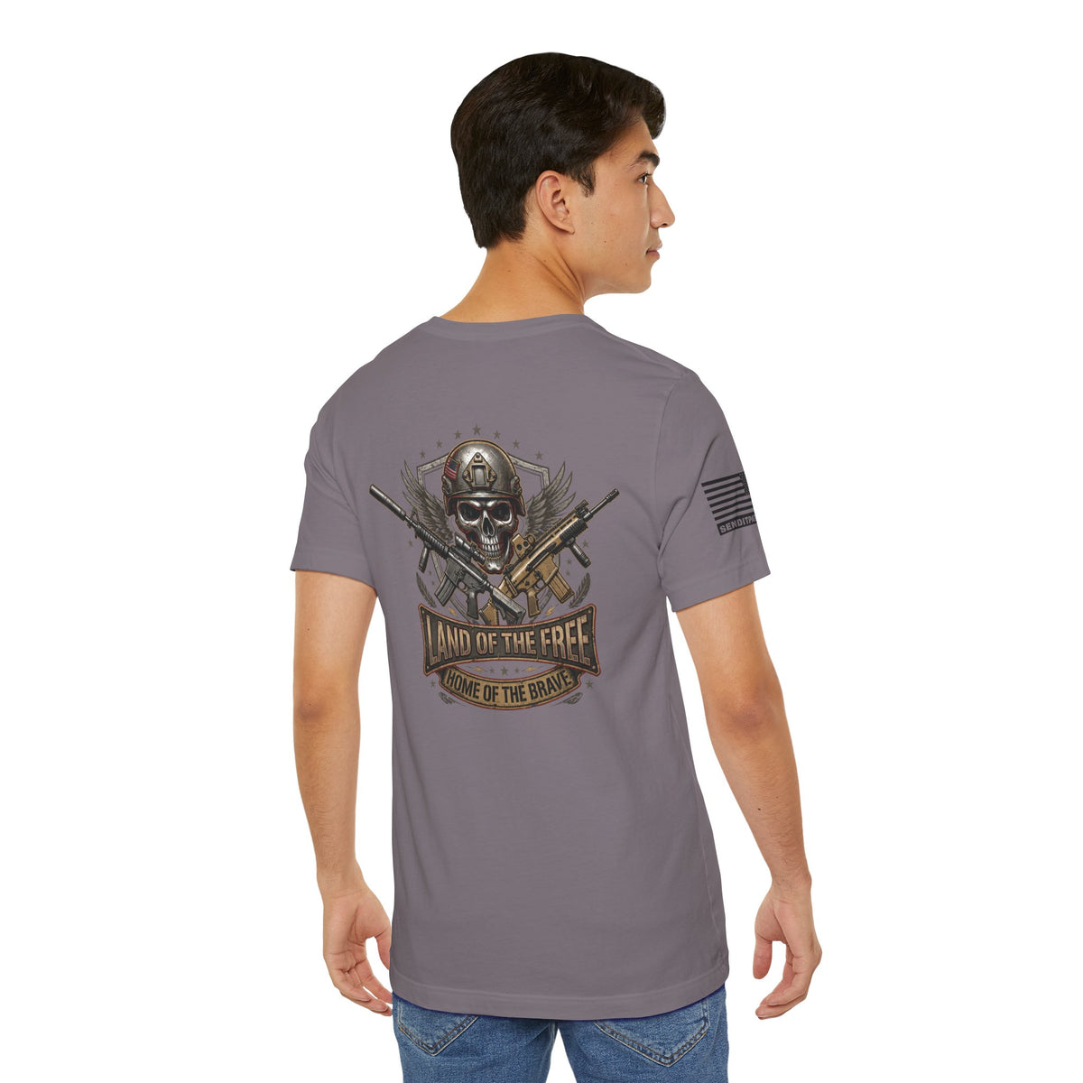 Land of the Free Home of the Brave Ver.2 T-Shirt —  Skull & Crossed Rifles Patriotic Tee Back Design