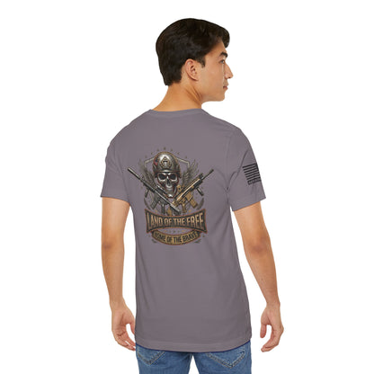 Land of the Free Home of the Brave Ver.2 T-Shirt —  Skull & Crossed Rifles Patriotic Tee Back Design