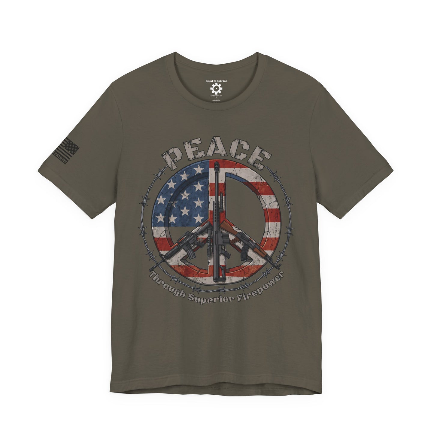 Peace Through Superior Firepower T-Shirt — American Flag Rifle Peace Sign Tee