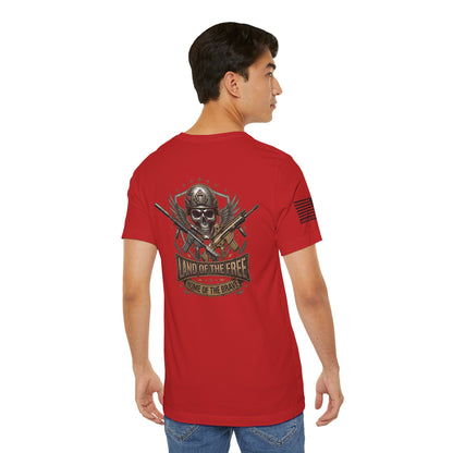 Land of the Free Home of the Brave Ver.2 T-Shirt —  Skull & Crossed Rifles Patriotic Tee Back Design