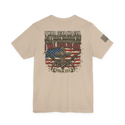 Psalm 23 Patriotic T-Shirt – “I Will Fear No Evil” Flag & Cross Design